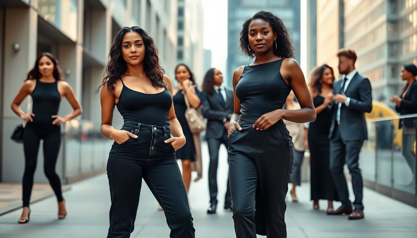 diverse group showcasing stylish viral bodysuits in a city setting.