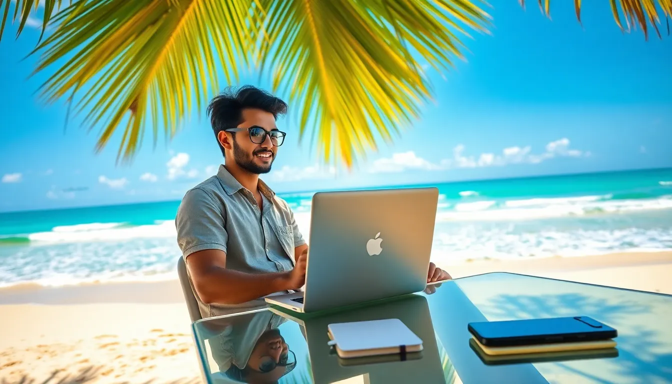 young professional working remotely by the beach.