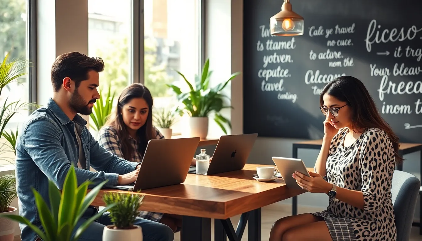 diverse digital nomads collaborating in a sunlit caf&eacute;.