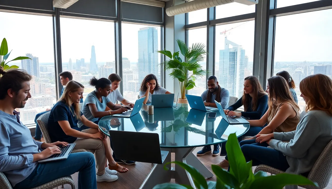 diverse group of digital nomads working in a modern co-working space.