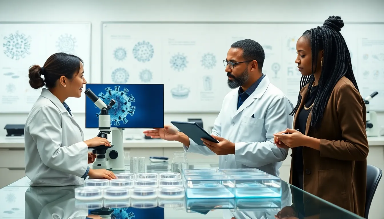 Team of virologists studying viral replication in a modern lab.